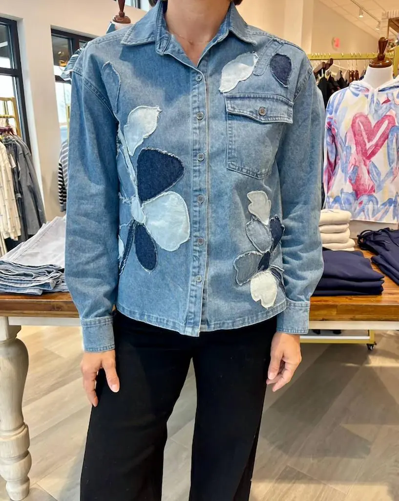 TRU LUXE Tru Luxe - Flower Applique Denim Jacket