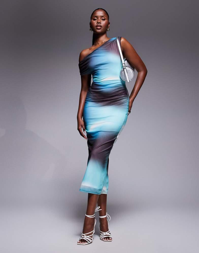 River Island River Island asymmetric drape mesh midi dress in ombre blue