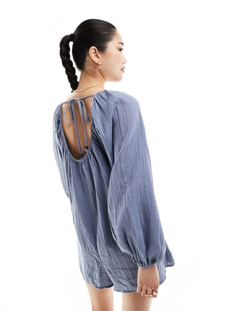 ASOS ASOS DESIGN long sleeve romper playsuit with bead detailing in blue 2