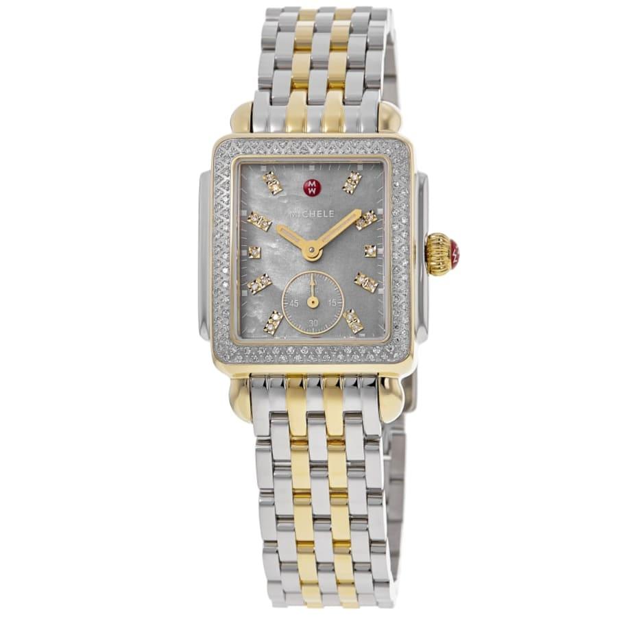 Michele Deco Mid Quartz Grey Mother of Pearl Dial Diamond Bezel 18K Gold-Plated Steel Women's Watch MWW06V000132