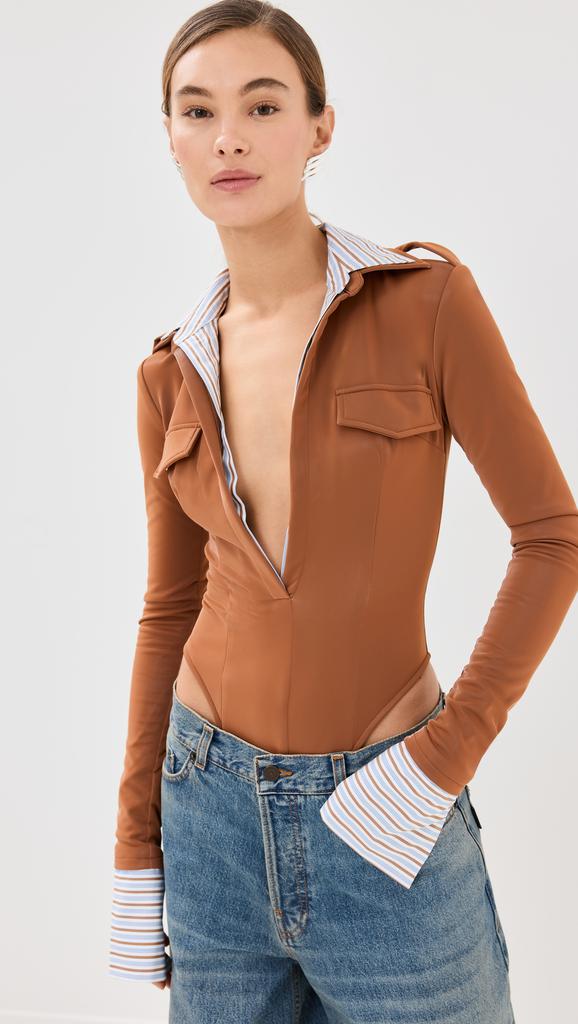 LaQuan Smith Long Sleeve Button Down Bodysuit with Poplin Dickie