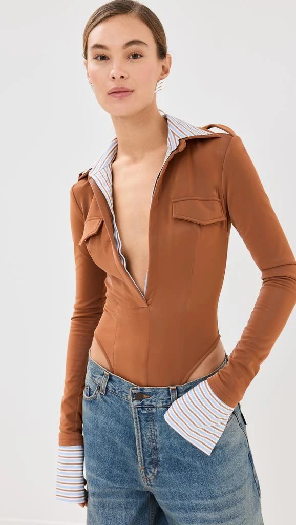 LaQuan Smith Long Sleeve Button Down Bodysuit with Poplin Dickie 1