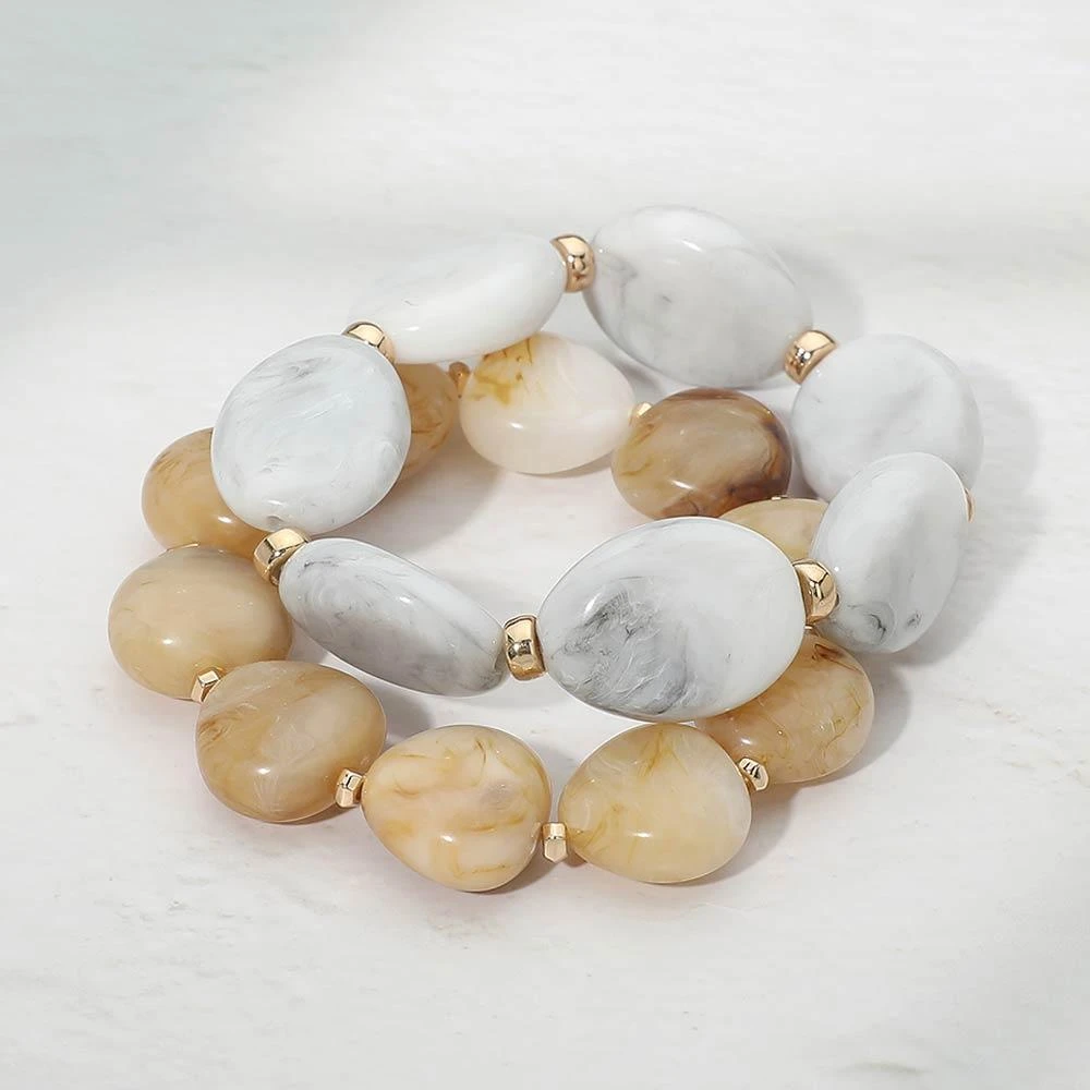 FASHNZFAB 2PCS - Marbled Resin Pebble Beaded Stretch Multi Layered Bracelets 2