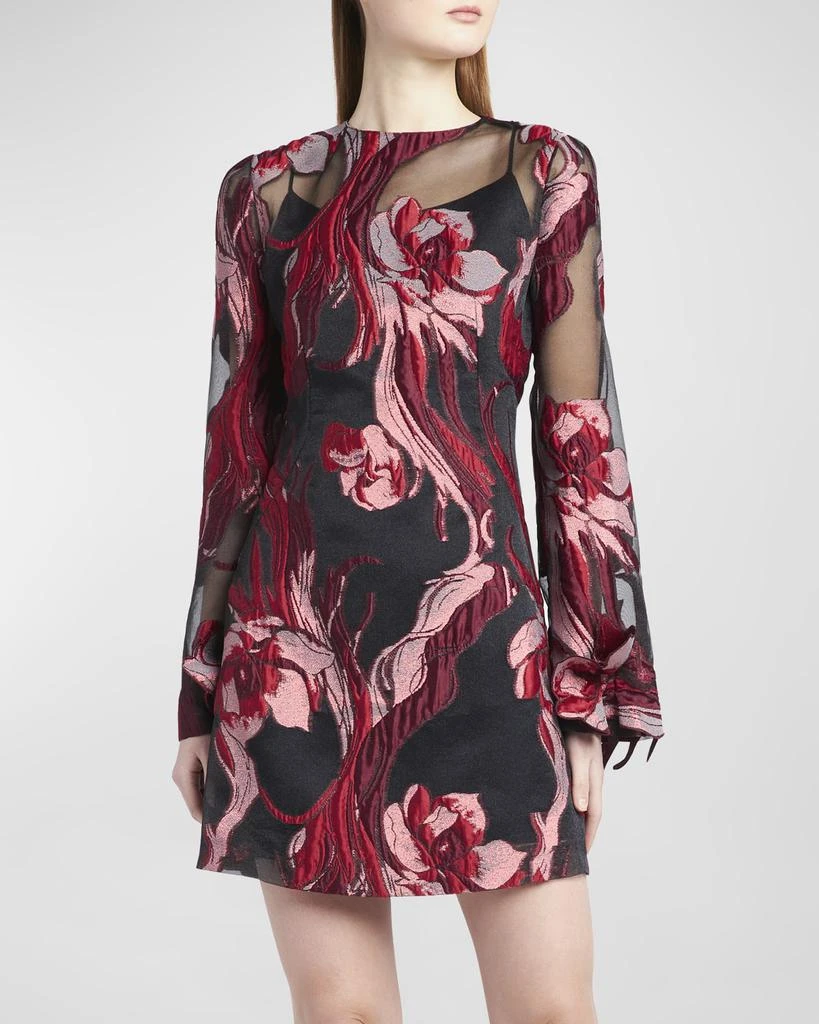 Alberta Ferretti Flower-Applique Long-Sleeve Sheer Floral Brocade Mini Dress 3