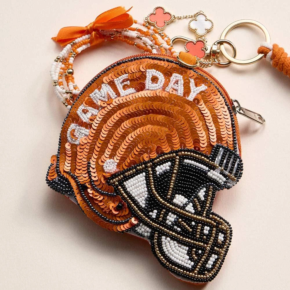FASHNZFAB TEXANS GAME DAY Football Helmet Sequin Seed Beaded Knot Keychain Mini Pouch Bag