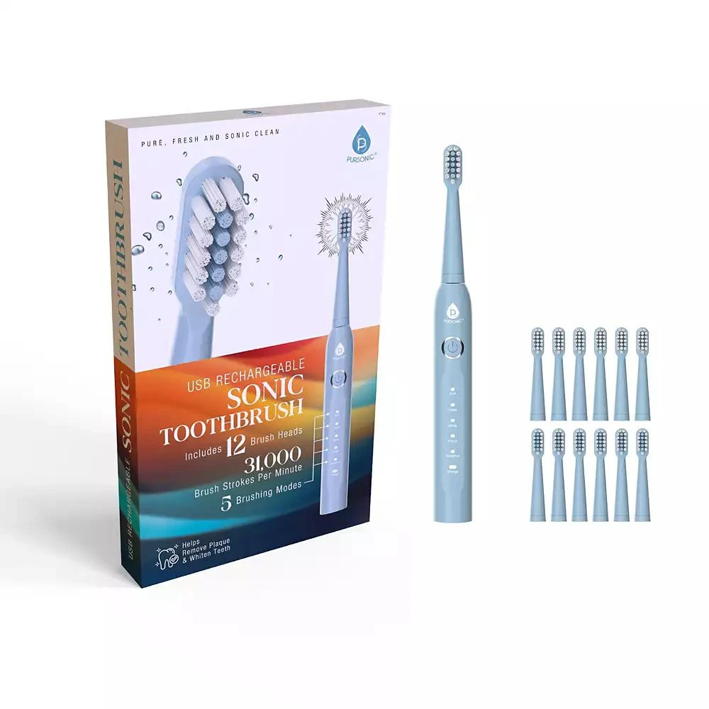 PURSONIC USB Rechargeable Electric Toothbrush with 12 Brush Heads