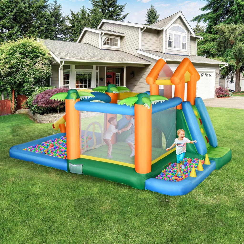 Streamdale Furniture Streamdale 6-in-1 Tropical Inflatable Water Slide Summer Theme Jumping Castle Includes Floating Ball Slide Trampoline Pool Cannon Climbing Wall with Carry Bag