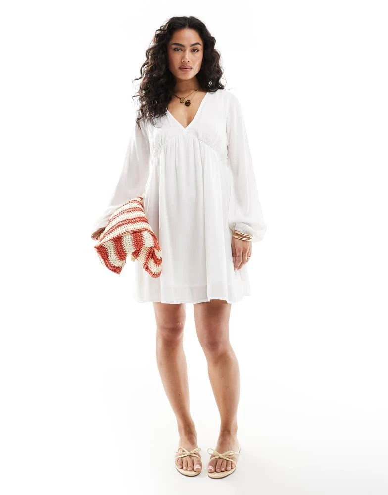 ONLY ONLY wide sleeve plisse mini dress in white 4