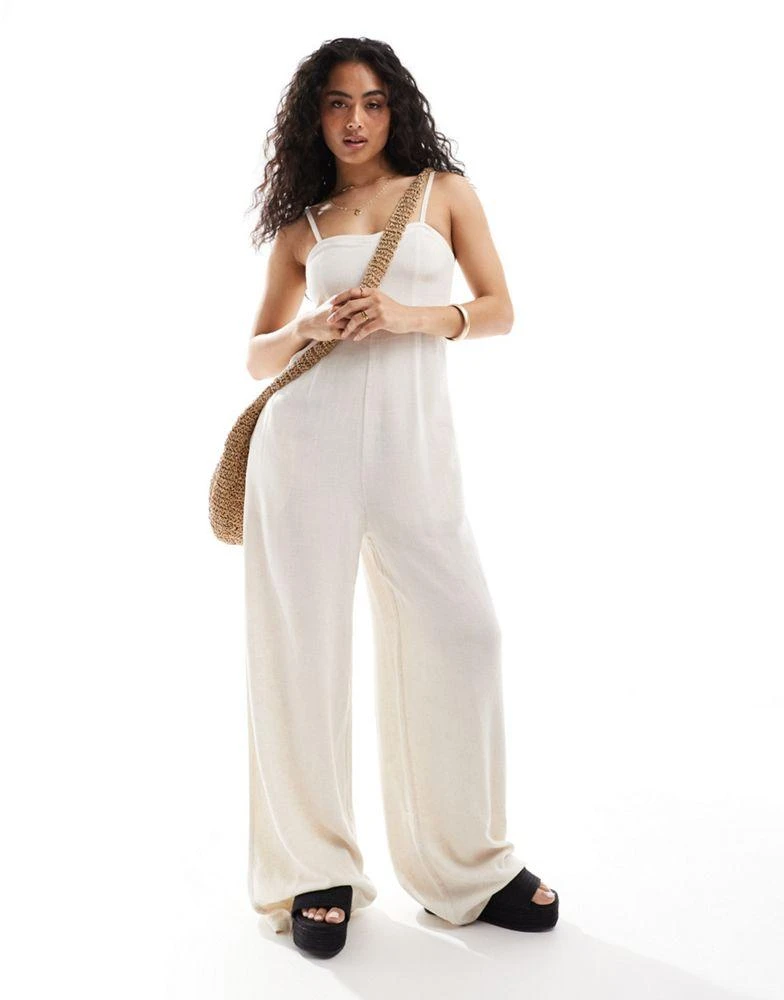 Pimkie Pimkie linen blend cami strap wide leg jumpsuit in beige 1