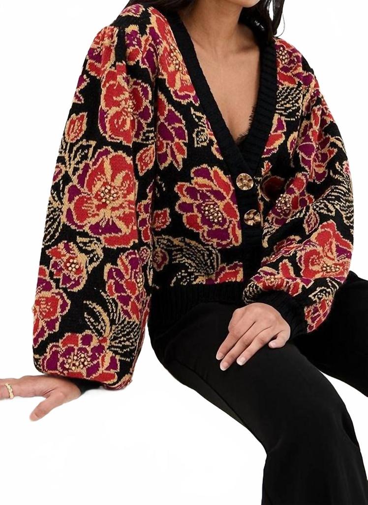 Farm Rio Shiny Chita Knit Cardigan In Black