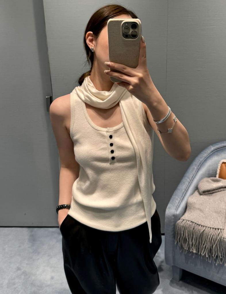 Pixie Market Ivory Shawl Knit Button Tank-PREORDER