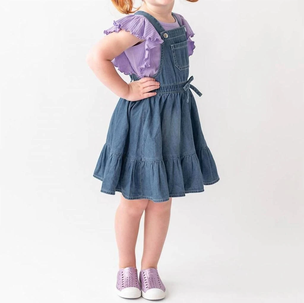 RuffleButts Girls Denim Overall Jumper Dress In Blue 2