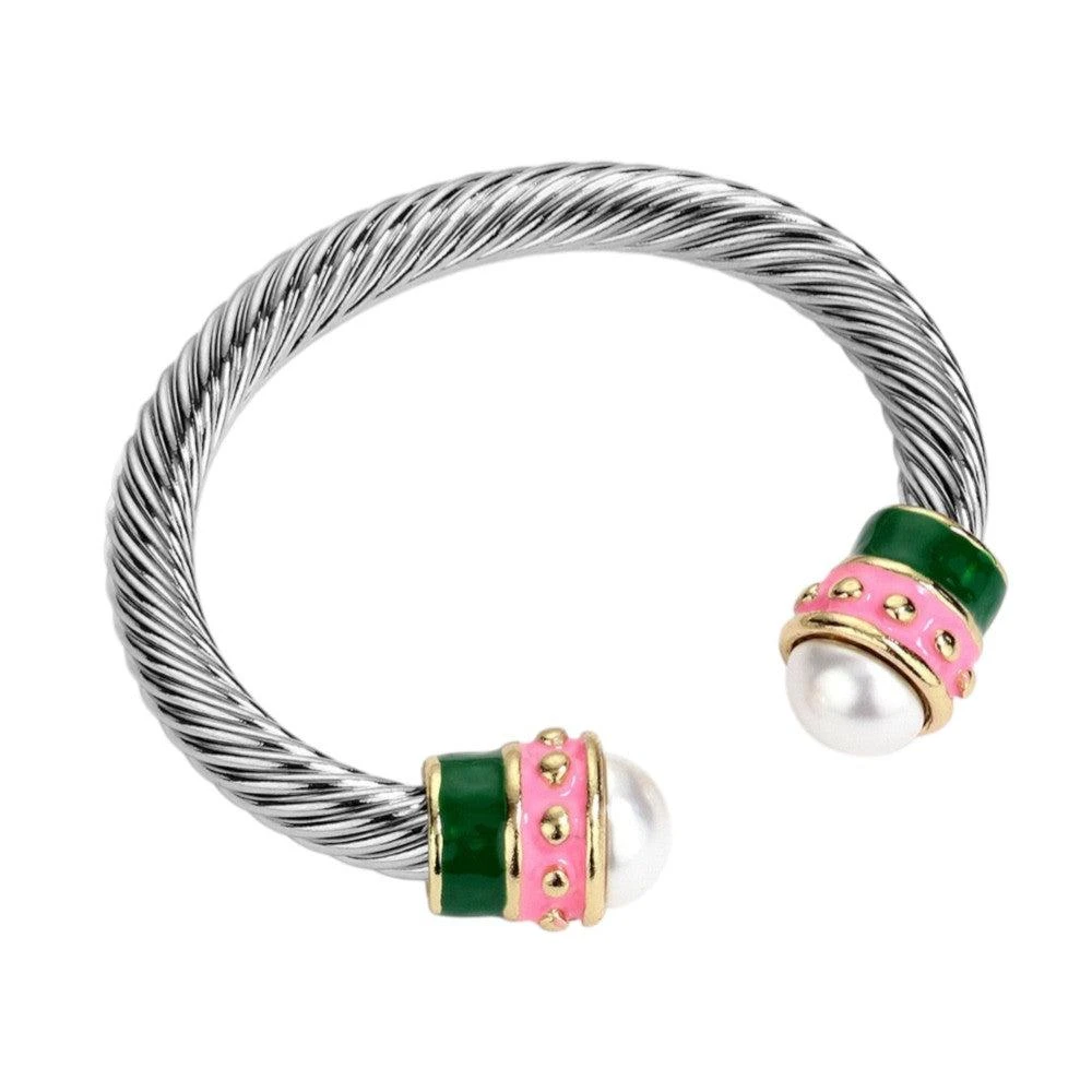 FASHNZFAB Pearl Tip Enamel Two Tone Cuff Bracelet 2