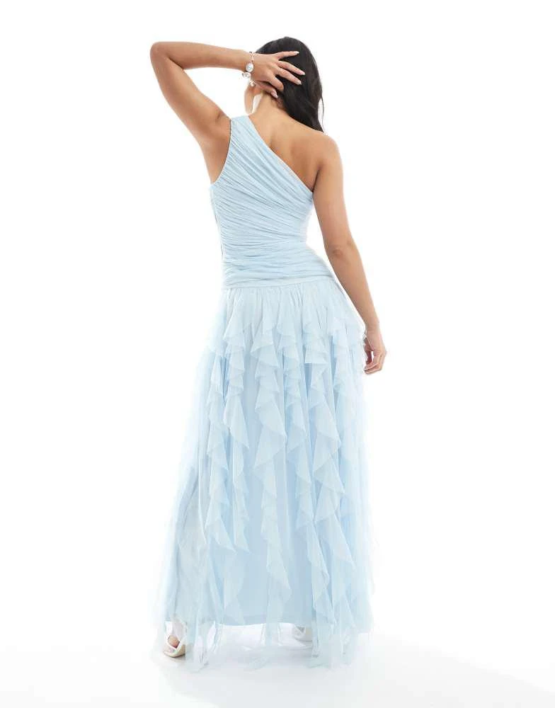 Lace & Beads Lace & Beads Bridesmaid one shoulder waterfall ruffle maxi dress in powder blue 4