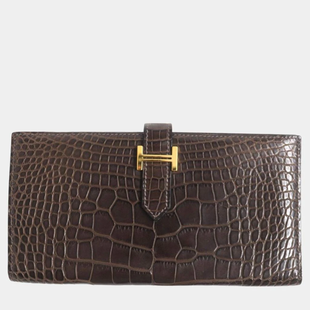 Hermes Hermes Bearn Alligator Leather Bi-fold Wallet Brown Leather 1