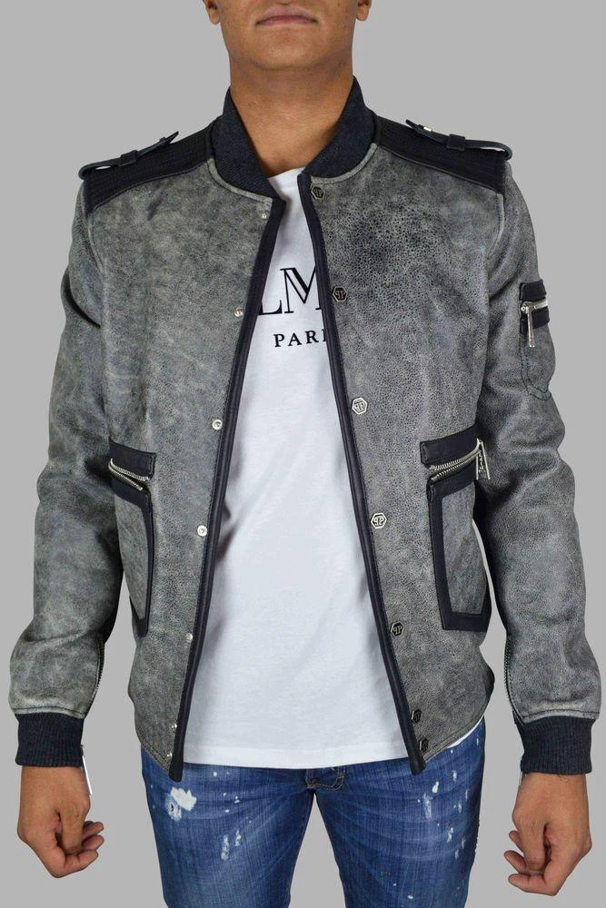 Philipp Plein Aged Gray Leather Jacket 2