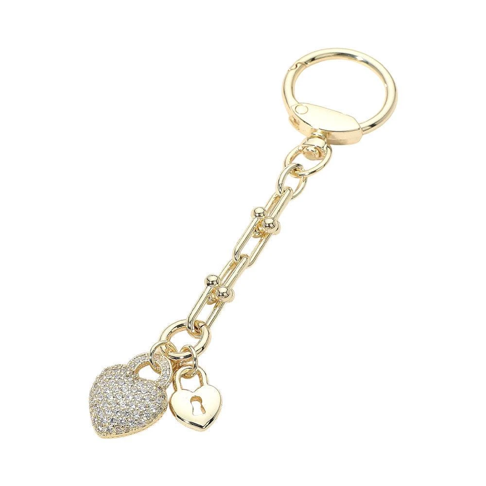 FASHNZFAB 14K Gold Plated CZ Stone Pave Heart Charm Drop Keychain Bag Charm 2