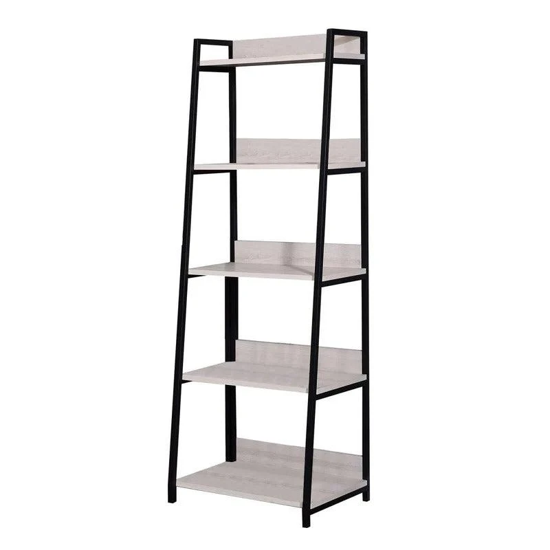 Hivvago 67" Natural and Black Metal Five Tier Ladder Bookcase