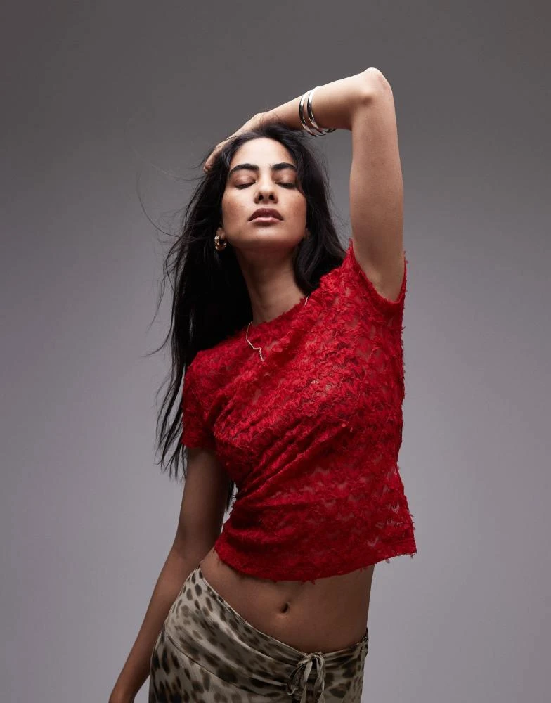 Topshop Topshop textured lace tee in red 1