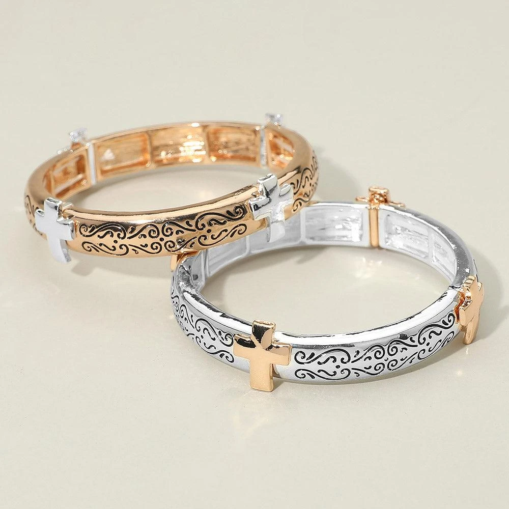 FASHNZFAB Antique Metal Cross Accent Stretch Bracelet 3