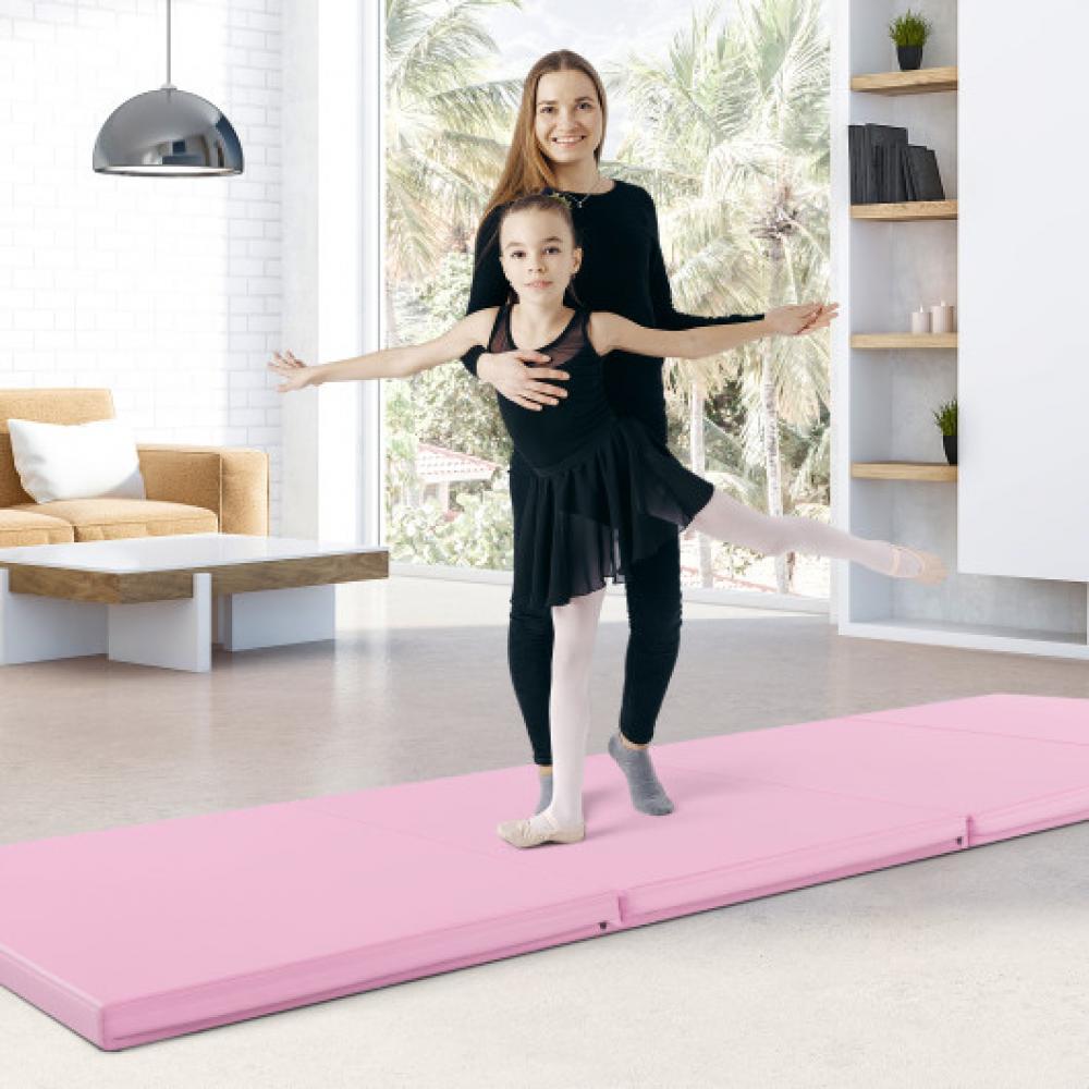 Hivvago 4-Panel PU Leather Folding Exercise Mat with Carrying Handles-Pink