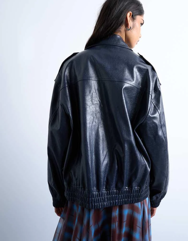 Topshop Topshop faux leather washed blue bomber jacket in washed blue 4