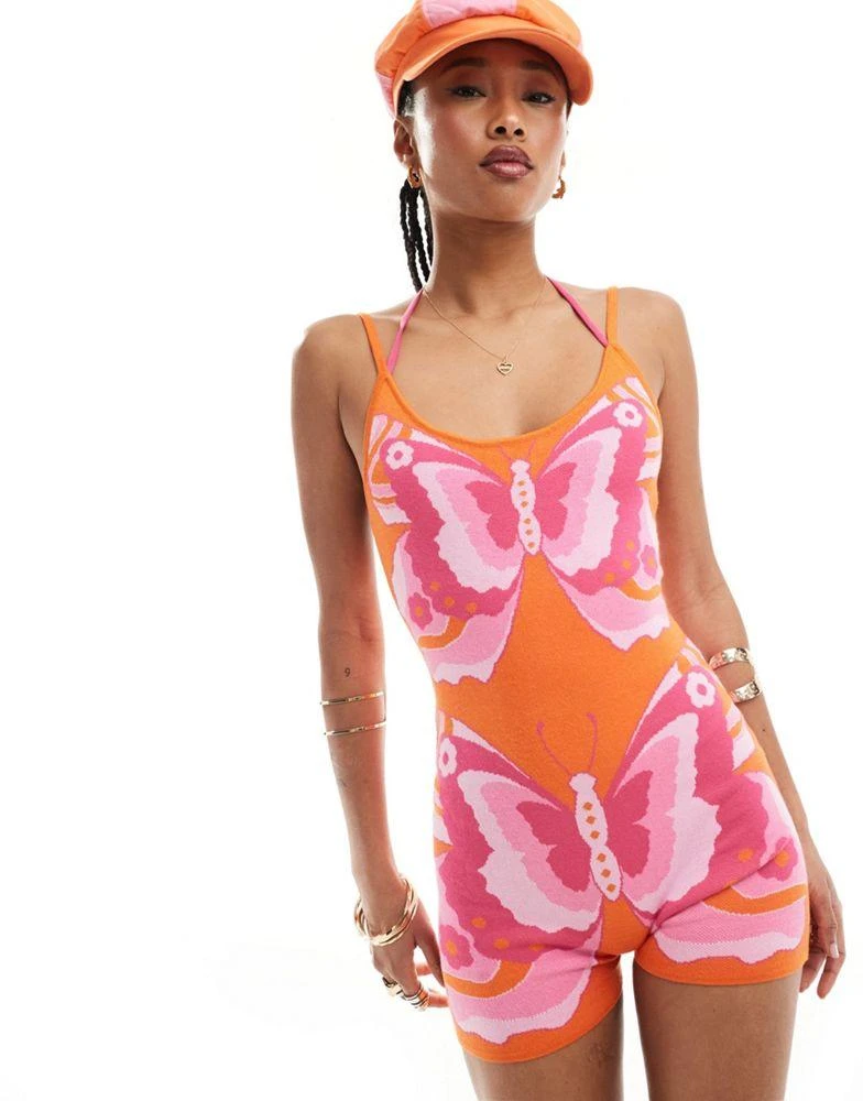 Easy Tiger Easy Tiger knitted playsuit in pink and orange 1