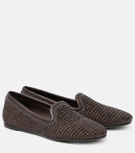 Brunello Cucinelli Leather-trimmed raffia slippers 1