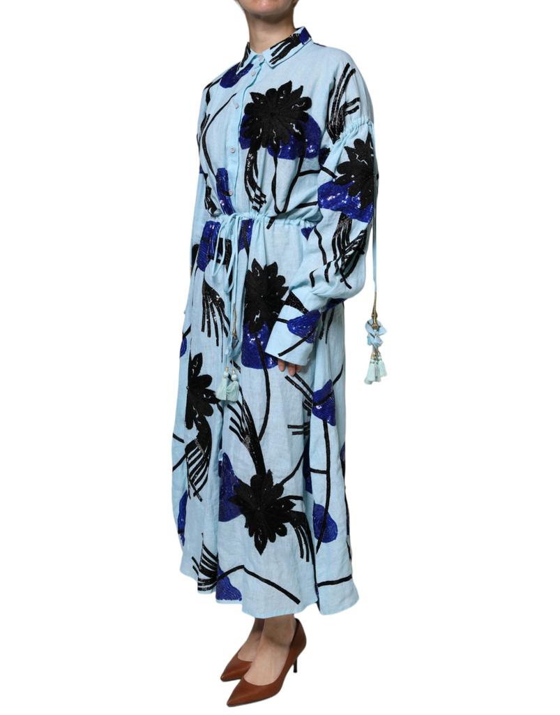 CHRISTIAN PELLIZZARI Christian Pellizzari Light Blue Floral Embellished Shirt Maxi Dress