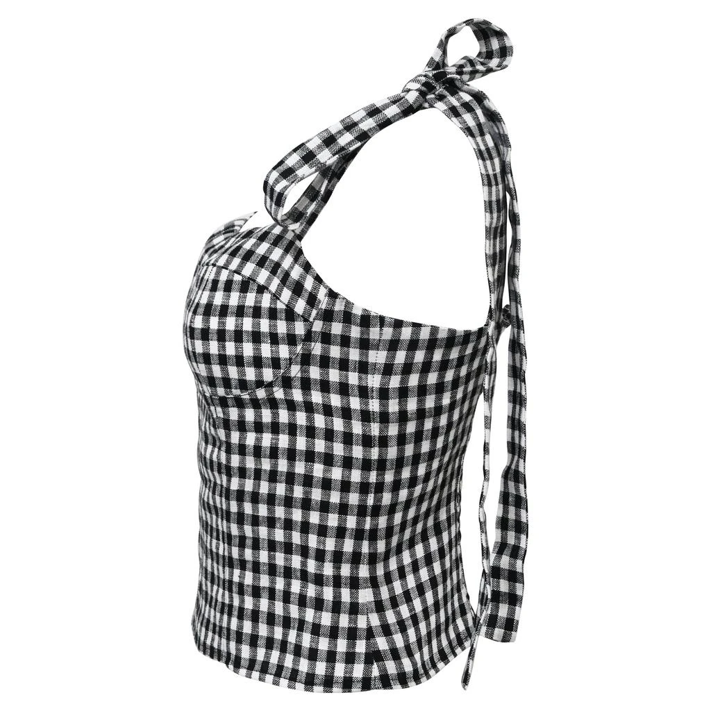 Reformation Cropped Gingham Print Self-Tie Top in Black and White Cotton 2