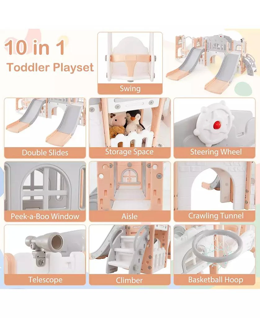 HONGGE 10 in 1 Toddler Slide and Swing Playset with Climber Tunnel and Double Slides 7