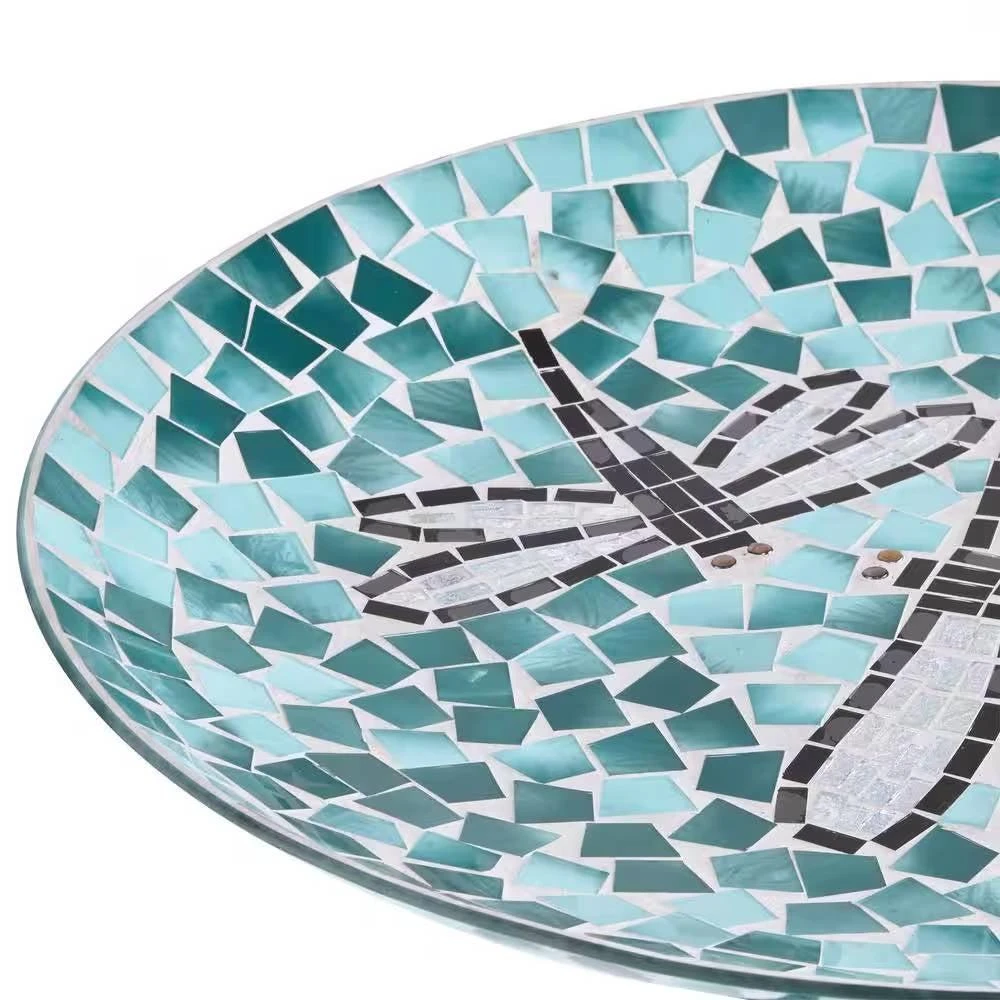 Hivvago Teal Green Blue White Mosaic Glass Birdbath Bowl with Black Metal Stand 4