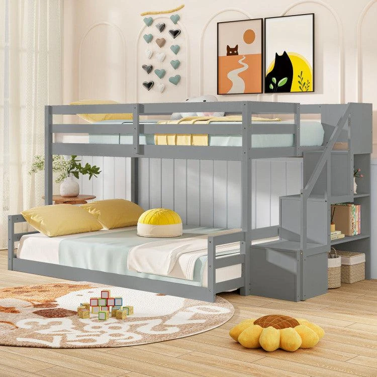 Hivvago Solid Wood Twin Over Full Low Bunk Bed with Storage Stairs-White 8