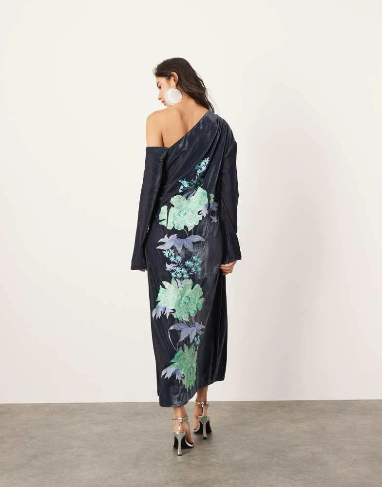 ASOS ASOS EDITION velvet floral embroidered off shoulder long sleeve midi dress in grey 3