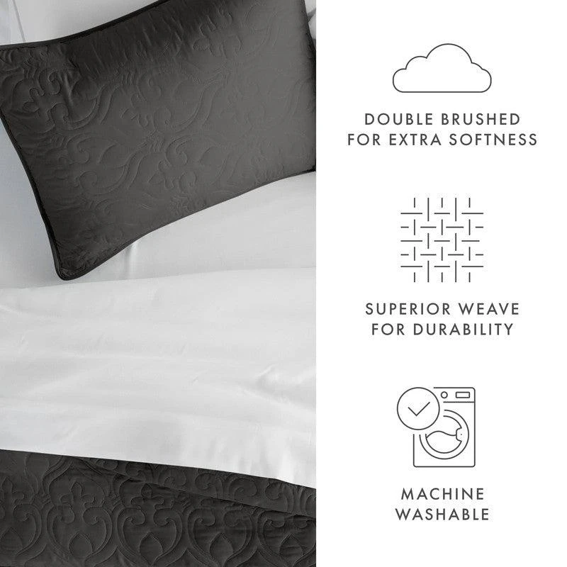 IENJOY HOME Damask Stitch Gray Quilt Coverlet Set Contemporary Ultra Soft Microfiber Bedding 3