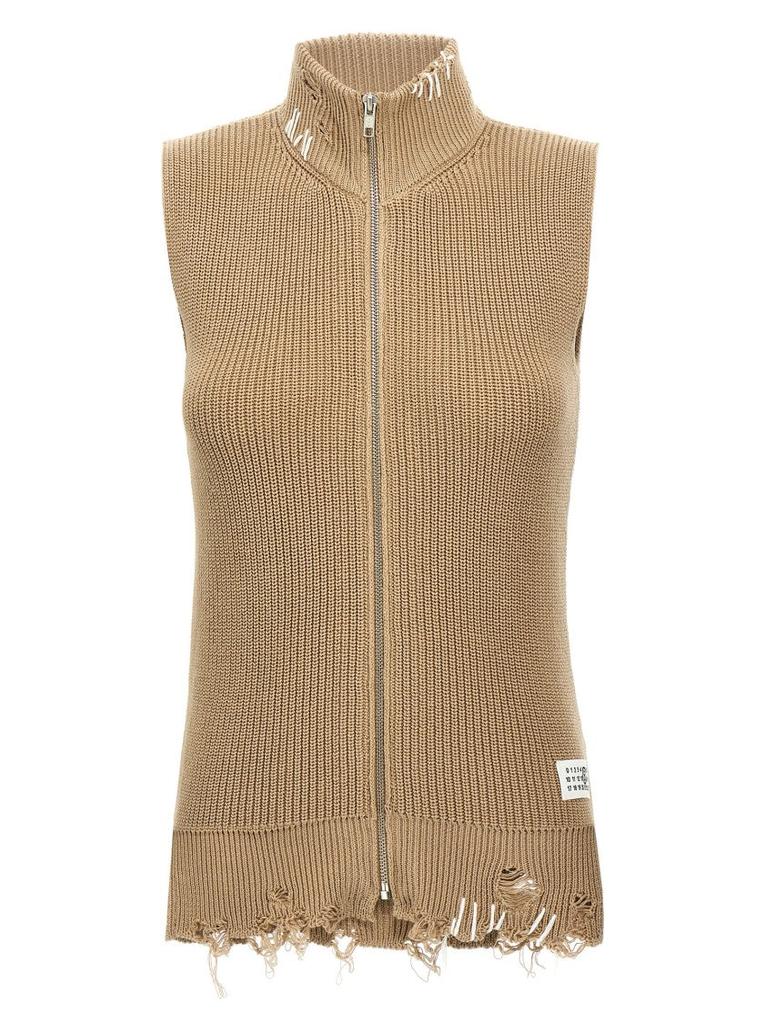 MM6 Destroyed Cotton Knit Vest With High Neck