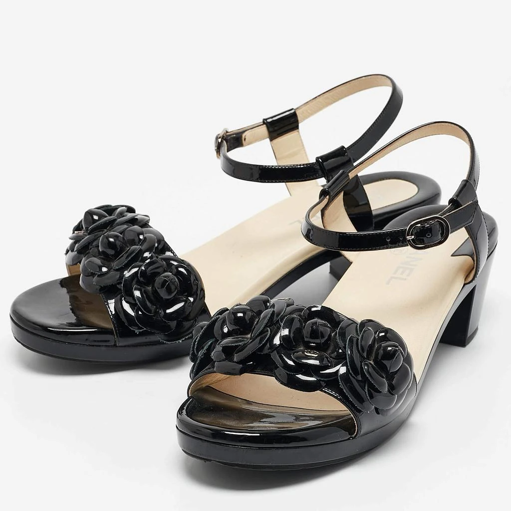 Chanel Chanel Black Patent Leather Camellia Accent Ankle Strap Sandals Size 41 2