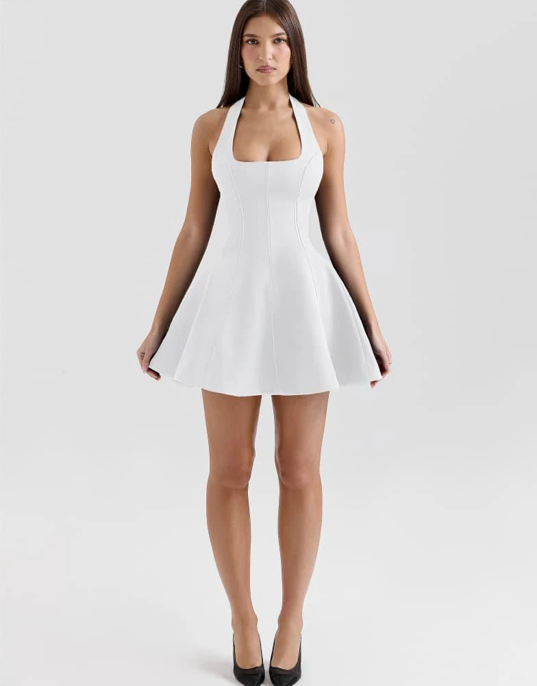 'Loulette' White Halter Neck Bow Mini Dress