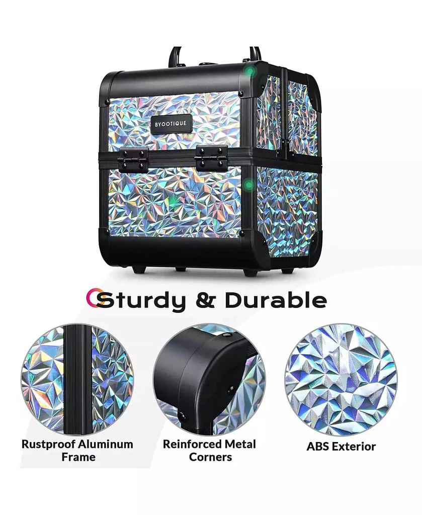 Byootique Rolling Makeup Train Case 3-Piece Cosmetic Organizer Kit Trolley Organizer Travel Case Lockable with Wheels, Mermaid Silver 5