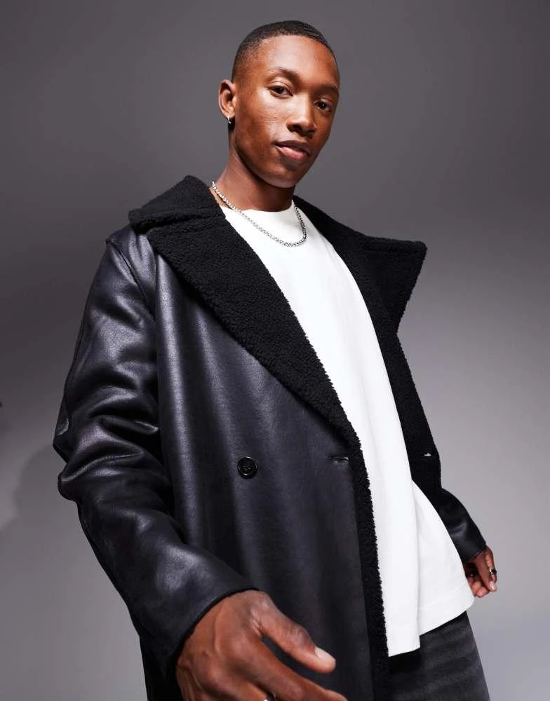 ASOS ASOS DESIGN faux leather trench coat with borg lining in black 4