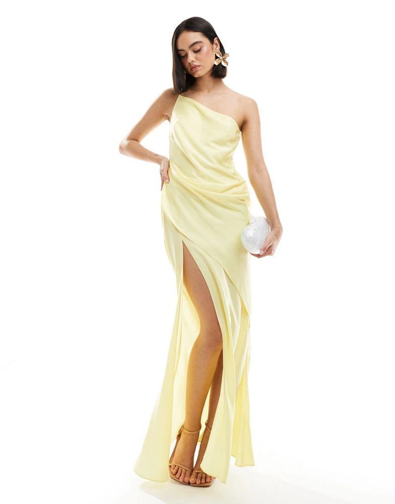 ASOS ASOS DESIGN satin one shoulder maxi dress with thigh split in lemon 1