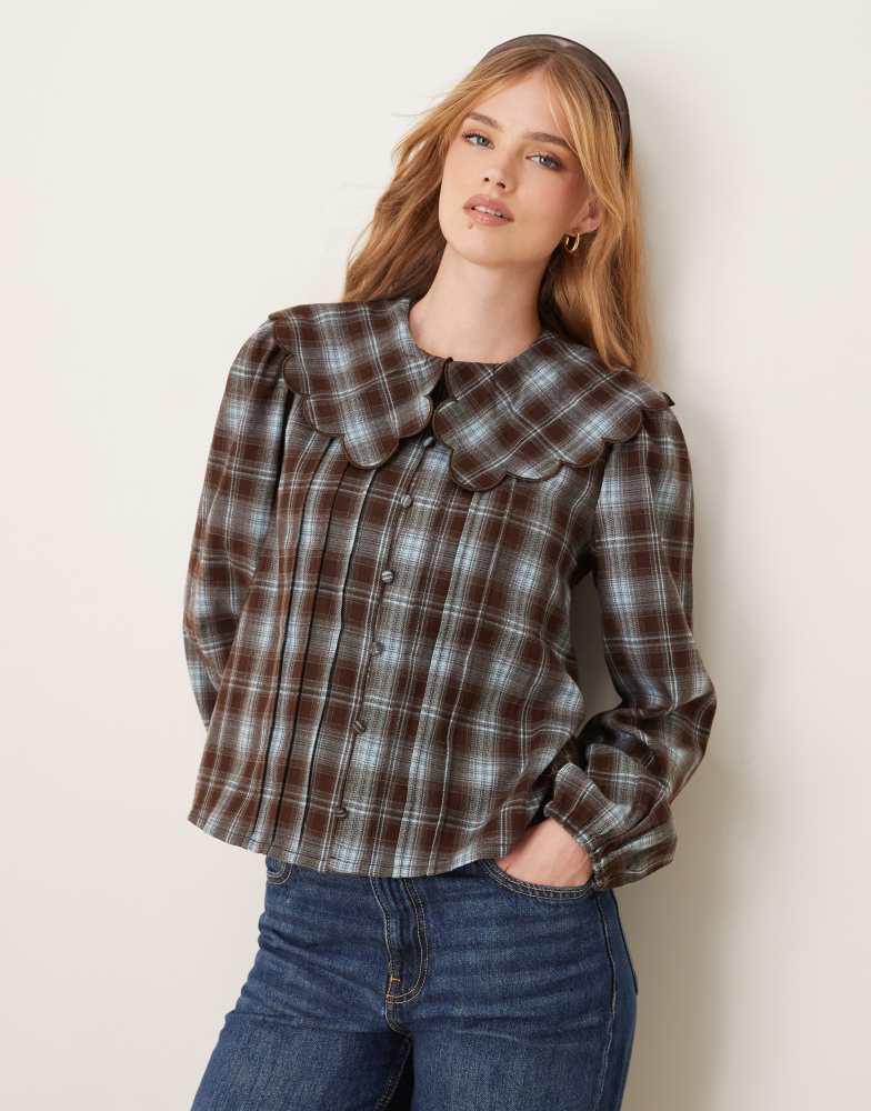 Threadbare Threadbare check blouse with peter pan collar in blue