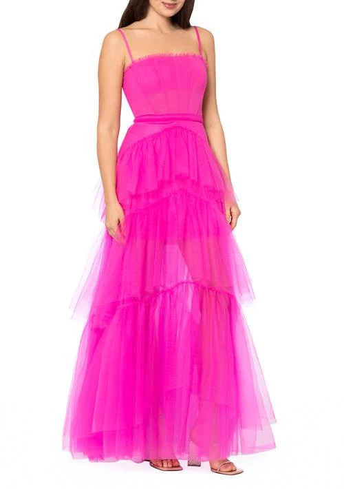 Betsy & Adam Adam Womens Sleeveless Corset Chiffon Layer Trim Solid Gown 1