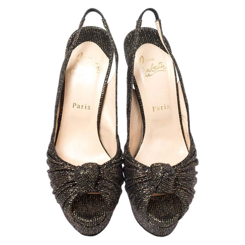 Christian Louboutin Christian Louboutin Black/Gold Glitter Fabric Jenny Knotted Slingback Pumps Size 39.5 3