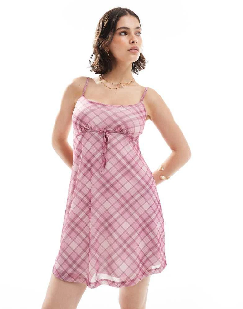 New Look New Look check bow trim mesh mini dress in pink 1