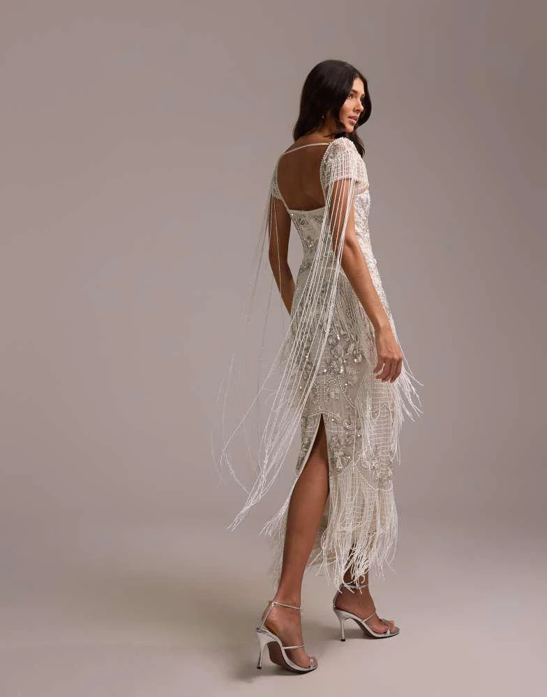 ASOS Design fringe embellished square neck maxi wedding dress in ivory-White ASOS Design fringe embellished square neck maxi wedding dress in ivory-White
