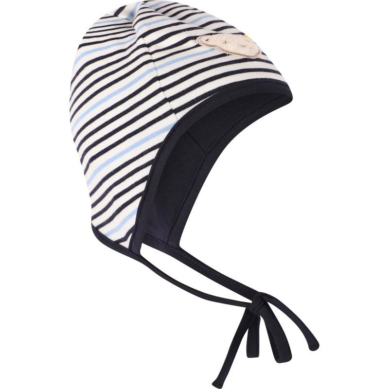 Steiff Logo bear striped baby bonnet in white and blue