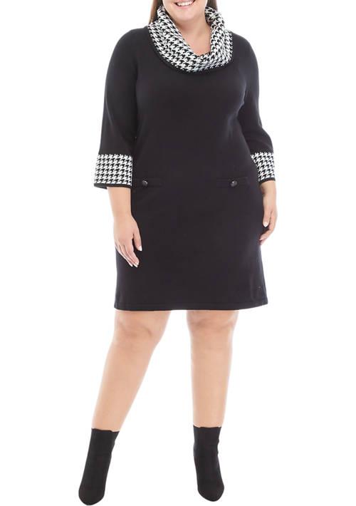 Jessica Howard Howard Plus Size Long Sleeve Houndstooth Cowl Neck Sweater Dress