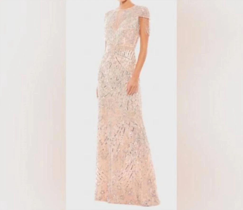 Ieena for Mac Duggal Ieena For Mac Duggal - Embellished Fringe Cap Sleeve Trumpet Gown