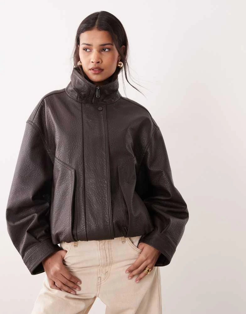 Mango Mango Capsule 100% leather funnel neck jacket in chocolate